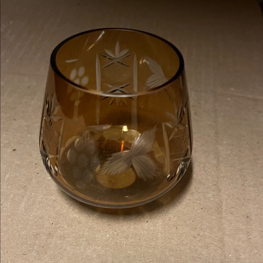 Amber Glass Etched Candle Holder